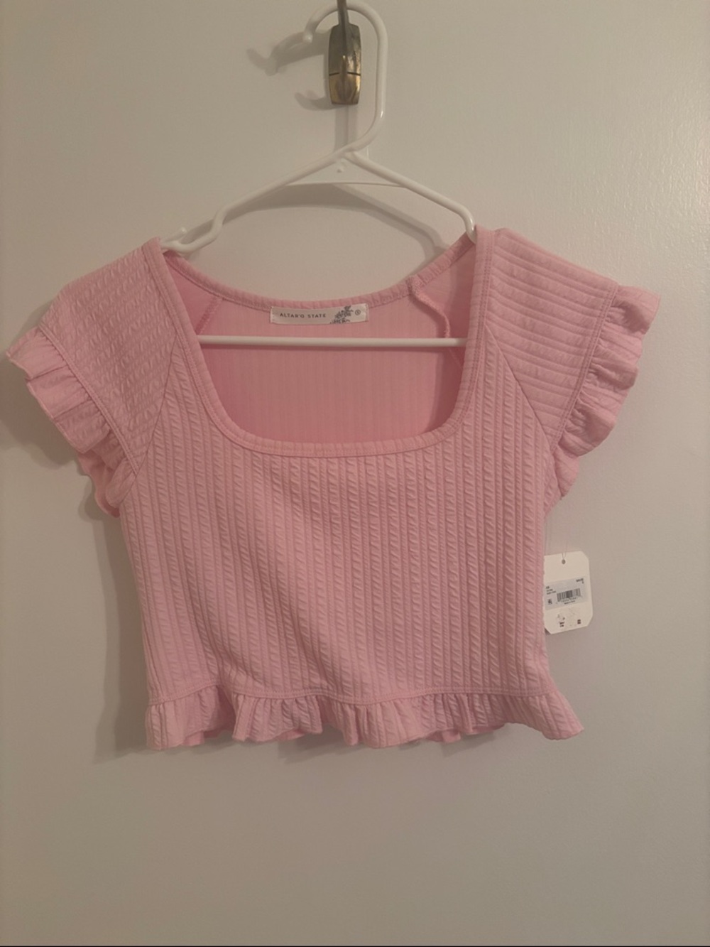 Altar'd State Pastel Pink Ribbed Square-Neck Ruffle Hem Crop Top